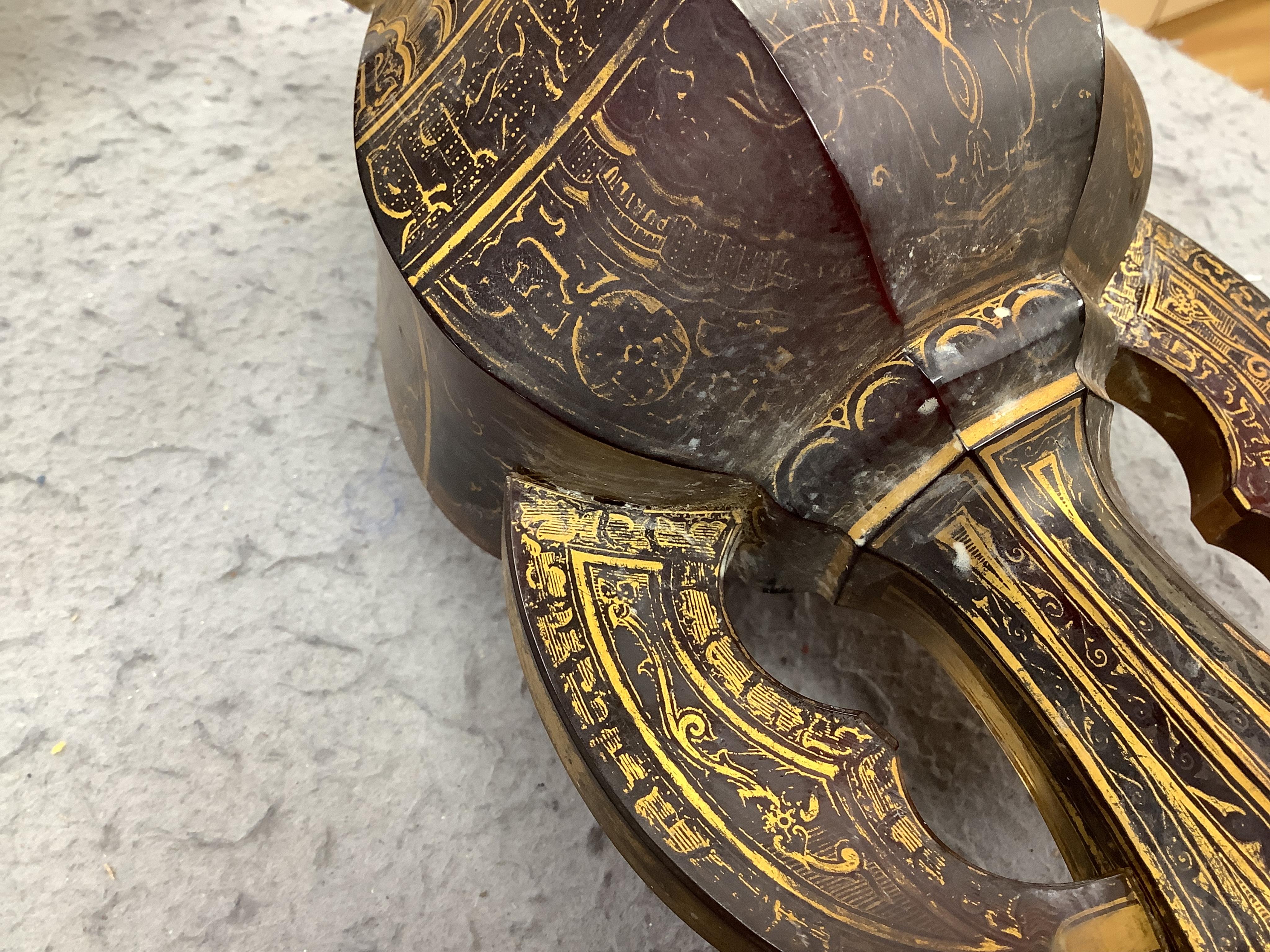 A pair of Venetian Islamic inspired gilt decorated ruby glass twin handled vases, 24cm high. Condition - wear to gilding on both vases